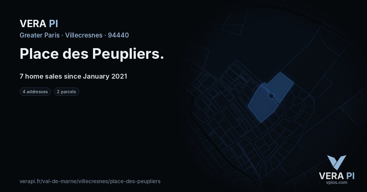 Place des Peupliers, Villecresnes at night – every parcel coloured by the prices around it, the street's own parcels lit
