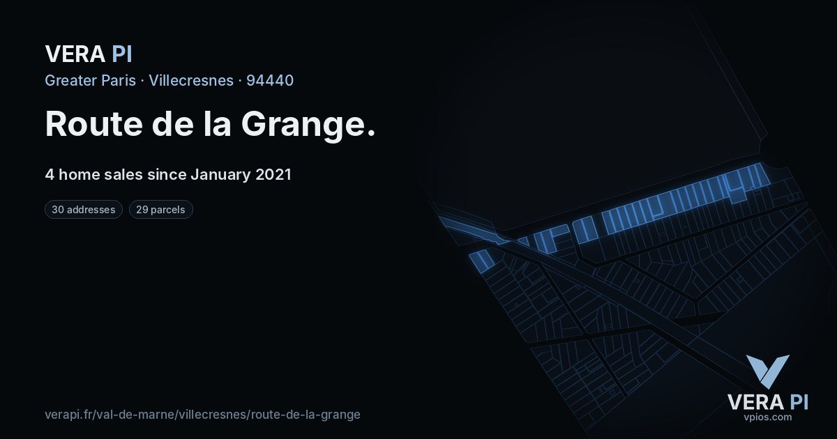 Route de la Grange, Villecresnes at night – every parcel coloured by the prices around it, the street's own parcels lit