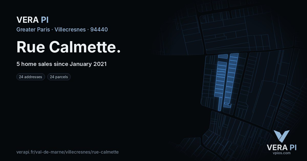 Rue Calmette, Villecresnes at night – every parcel coloured by the prices around it, the street's own parcels lit