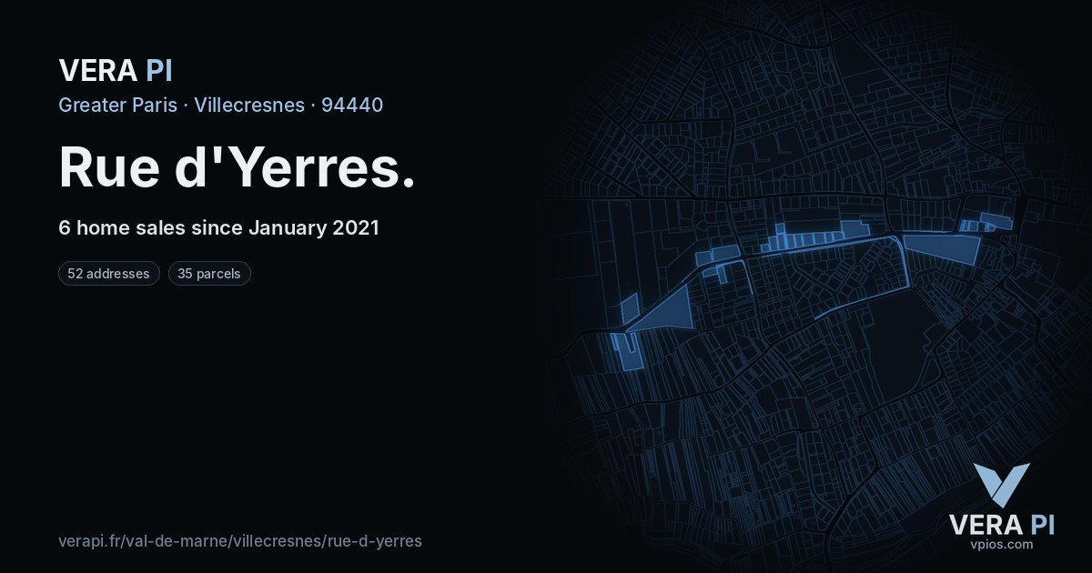 Rue d'Yerres, Villecresnes at night – every parcel coloured by the prices around it, the street's own parcels lit