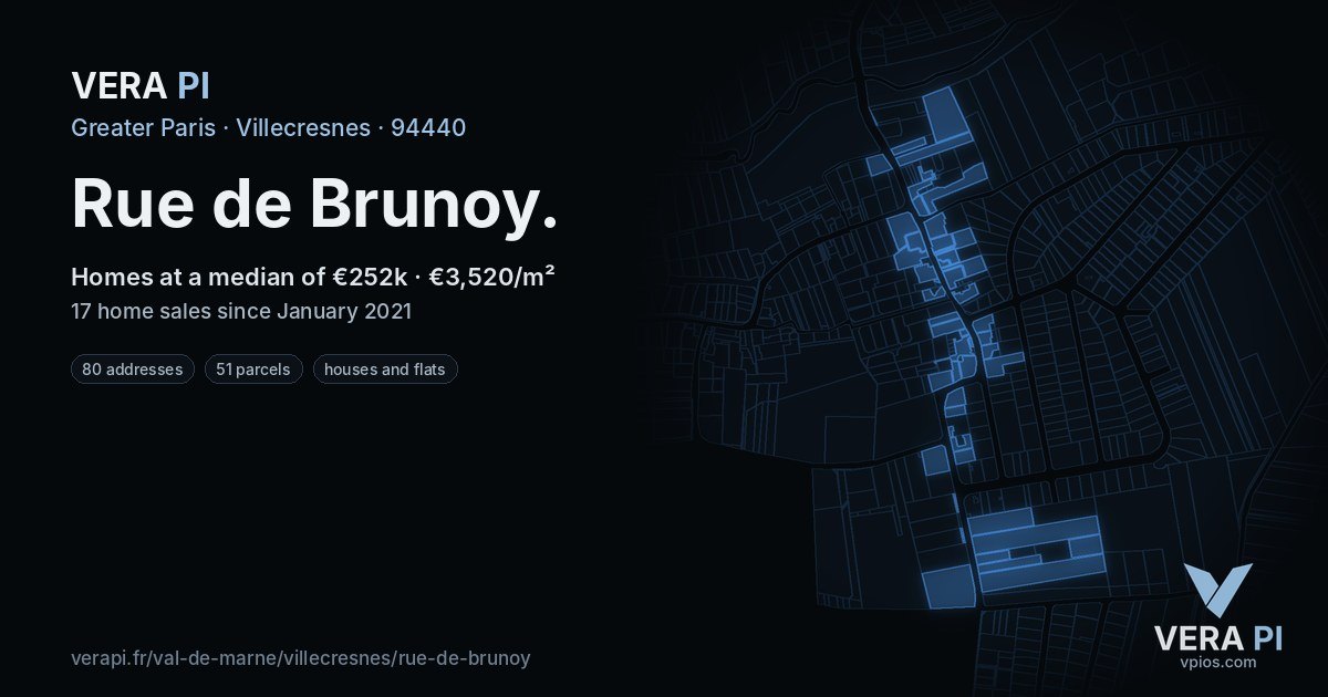 Rue de Brunoy, Villecresnes at night – every parcel coloured by the prices around it, the street's own parcels lit