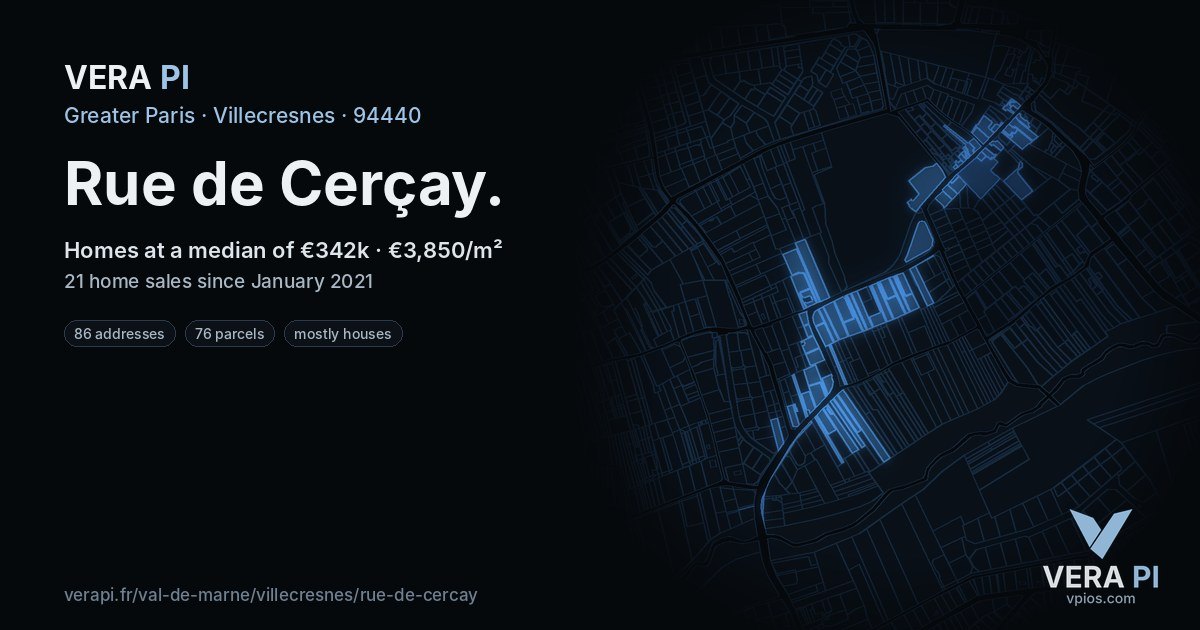 Rue de Cerçay, Villecresnes at night – every parcel coloured by the prices around it, the street's own parcels lit