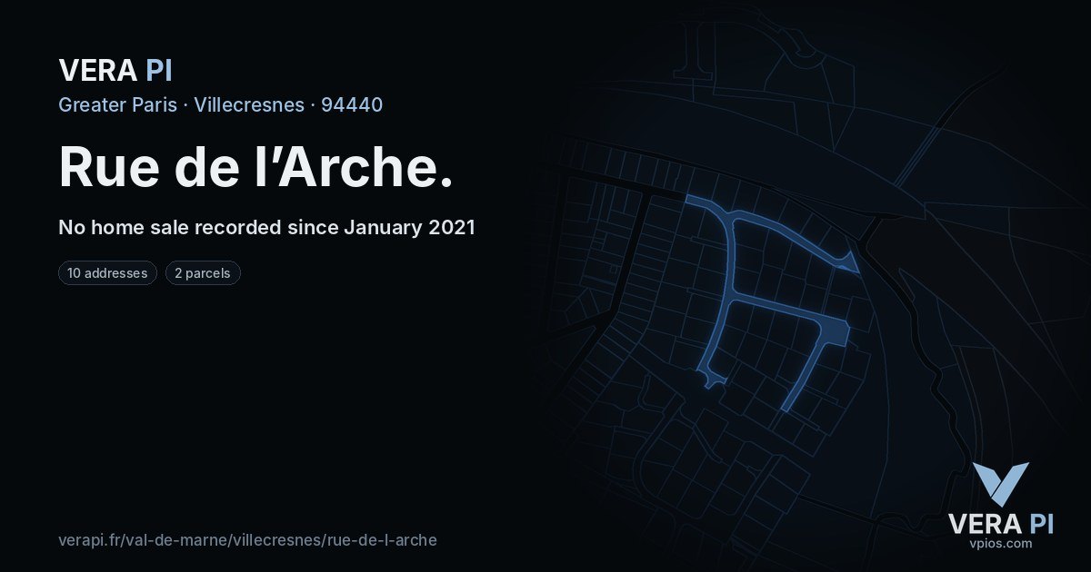 Rue de l’Arche, Villecresnes at night – every parcel coloured by the prices around it, the street's own parcels lit