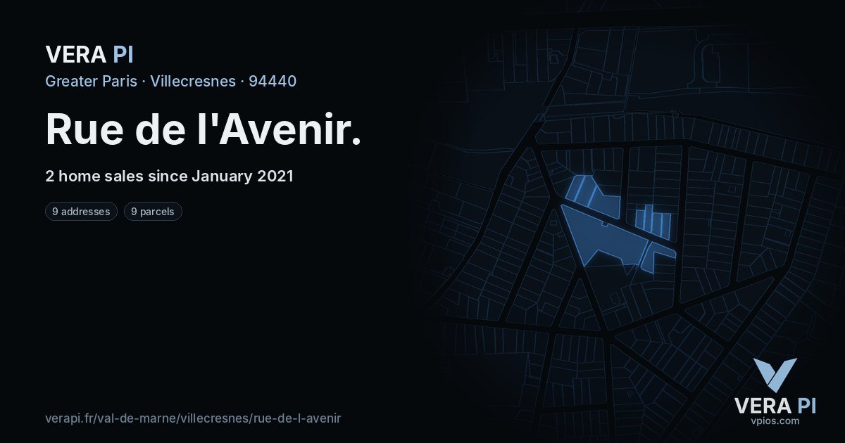 Rue de l'Avenir, Villecresnes at night – every parcel coloured by the prices around it, the street's own parcels lit