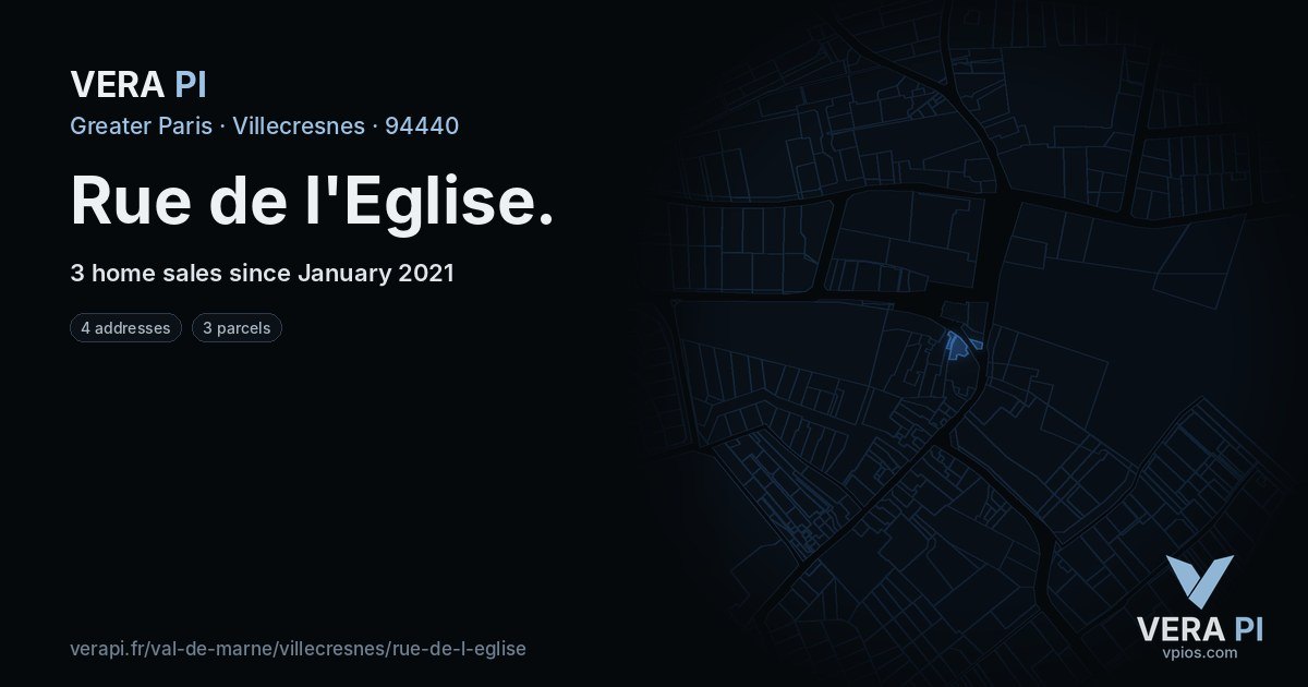 Rue de l'Eglise, Villecresnes at night – every parcel coloured by the prices around it, the street's own parcels lit