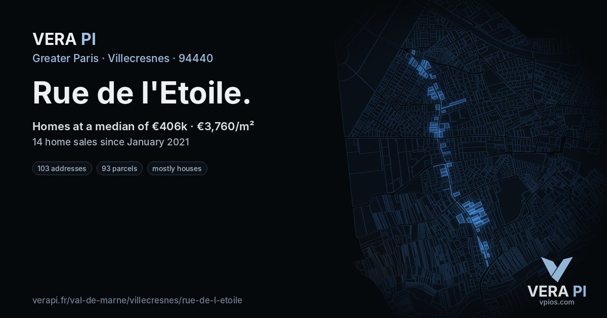 Rue de l'Etoile, Villecresnes at night – every parcel coloured by the prices around it, the street's own parcels lit