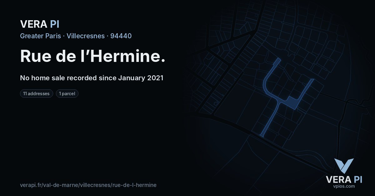 Rue de l’Hermine, Villecresnes at night – every parcel coloured by the prices around it, the street's own parcels lit