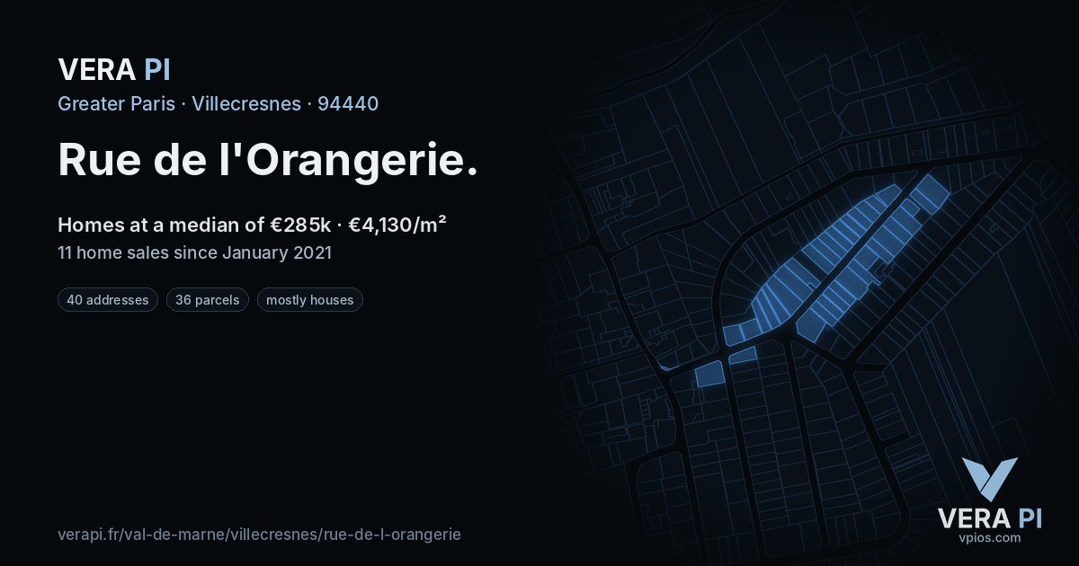 Rue de l'Orangerie, Villecresnes at night – every parcel coloured by the prices around it, the street's own parcels lit