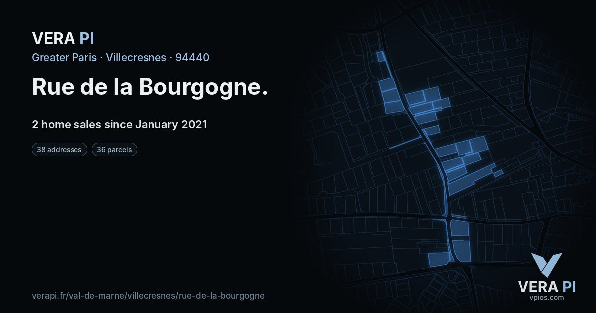 Rue de la Bourgogne, Villecresnes at night – every parcel coloured by the prices around it, the street's own parcels lit