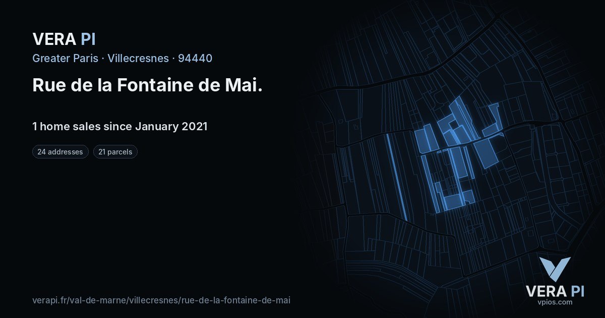 Rue de la Fontaine de Mai, Villecresnes at night – every parcel coloured by the prices around it, the street's own parcels lit