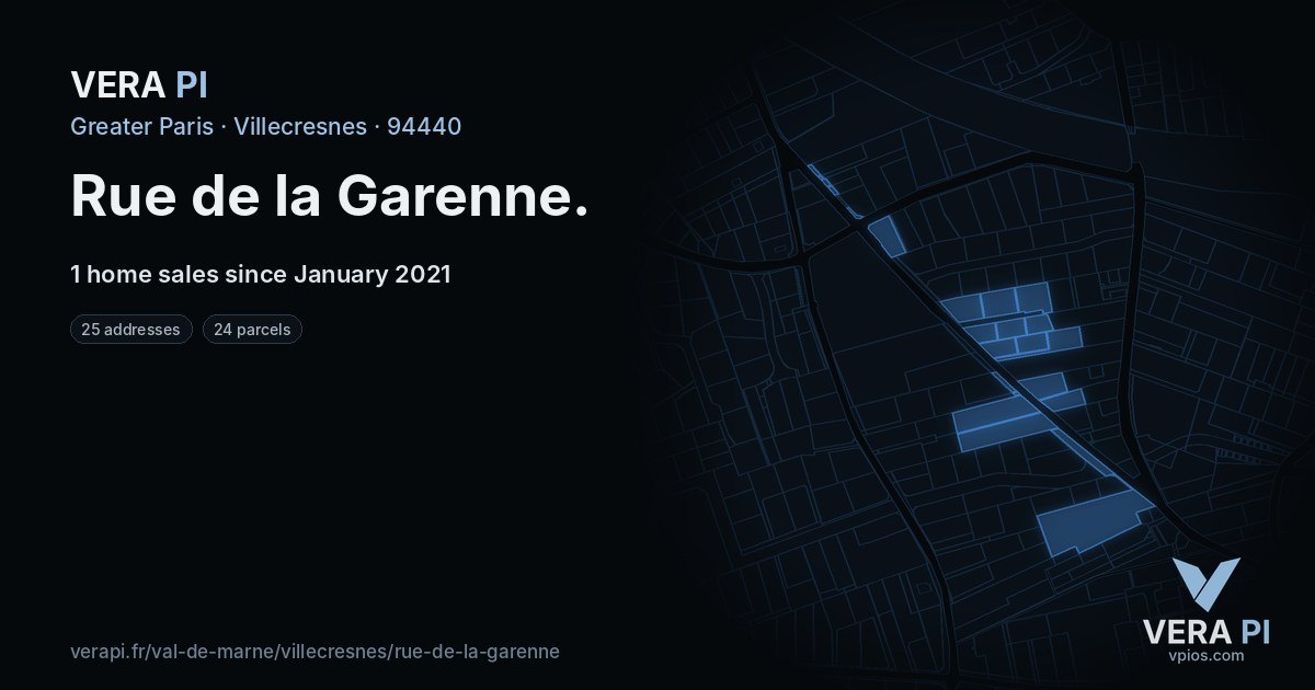 Rue de la Garenne, Villecresnes at night – every parcel coloured by the prices around it, the street's own parcels lit