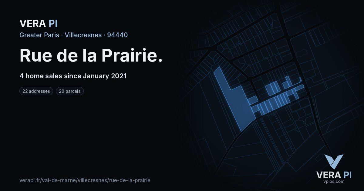 Rue de la Prairie, Villecresnes at night – every parcel coloured by the prices around it, the street's own parcels lit