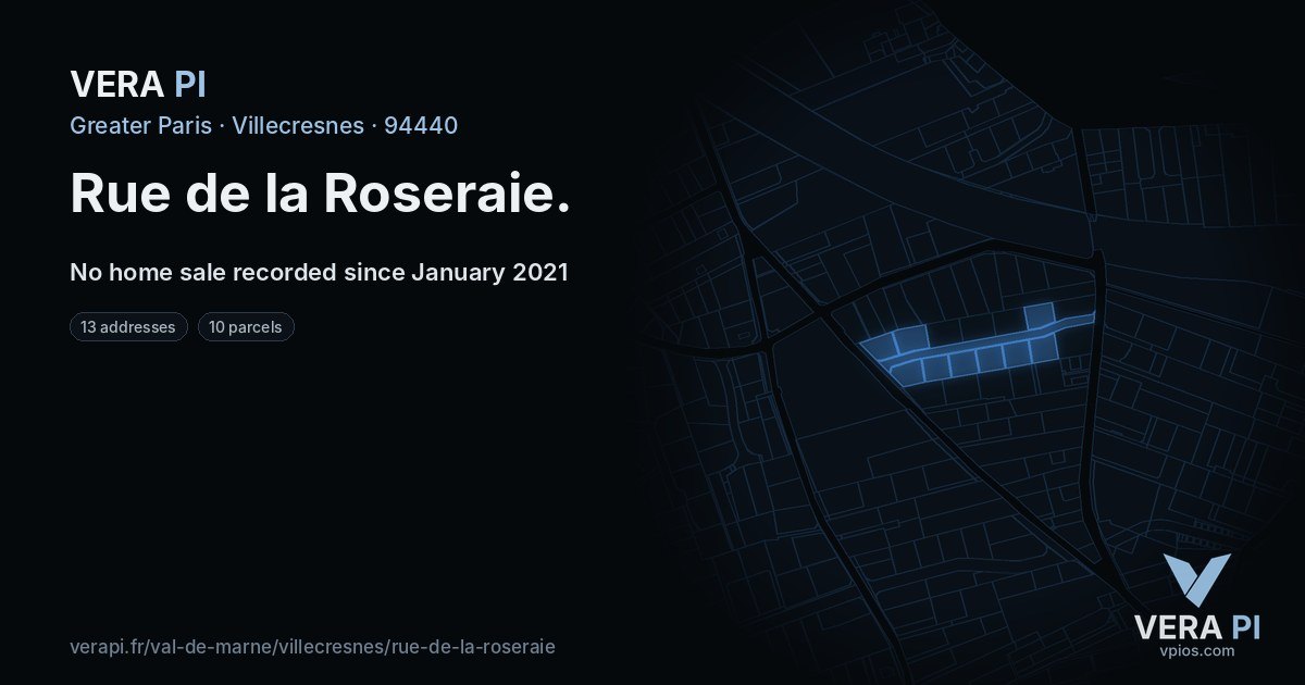 Rue de la Roseraie, Villecresnes at night – every parcel coloured by the prices around it, the street's own parcels lit