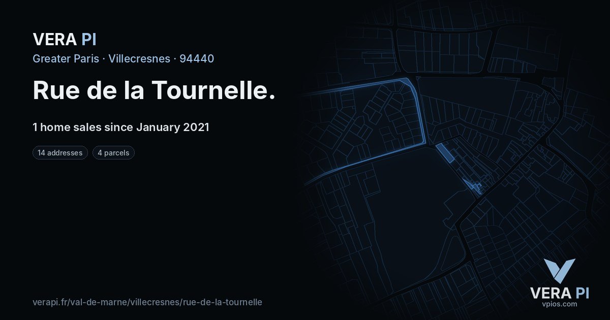 Rue de la Tournelle, Villecresnes at night – every parcel coloured by the prices around it, the street's own parcels lit