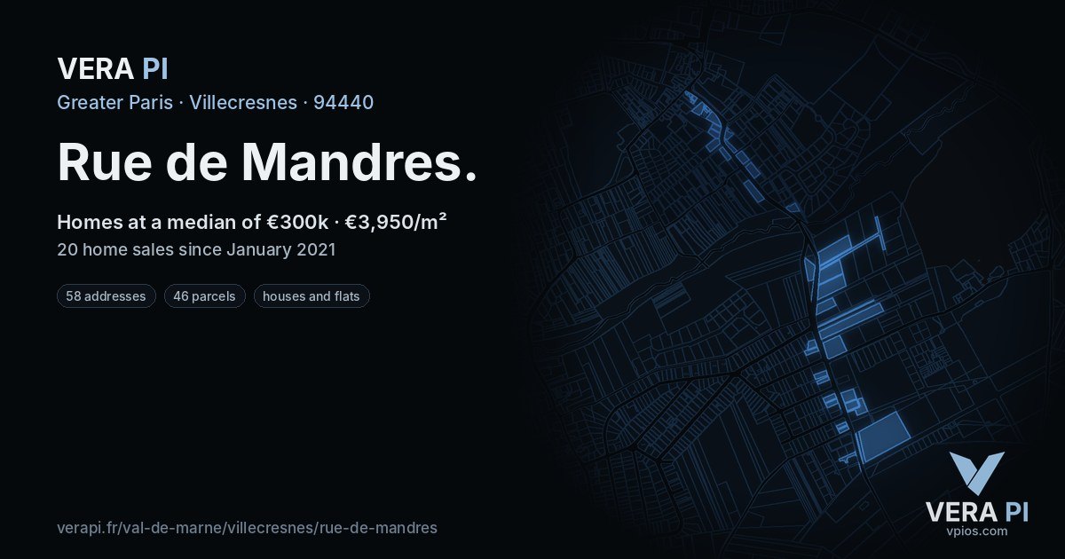 Rue de Mandres, Villecresnes at night – every parcel coloured by the prices around it, the street's own parcels lit