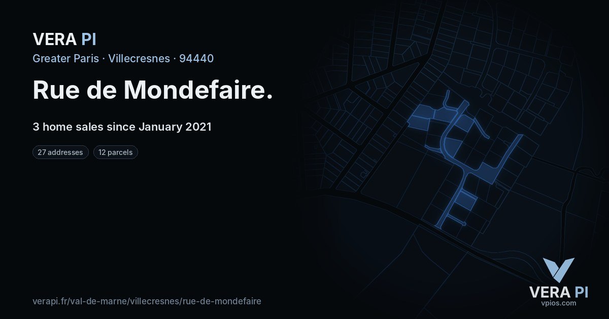 Rue de Mondefaire, Villecresnes at night – every parcel coloured by the prices around it, the street's own parcels lit