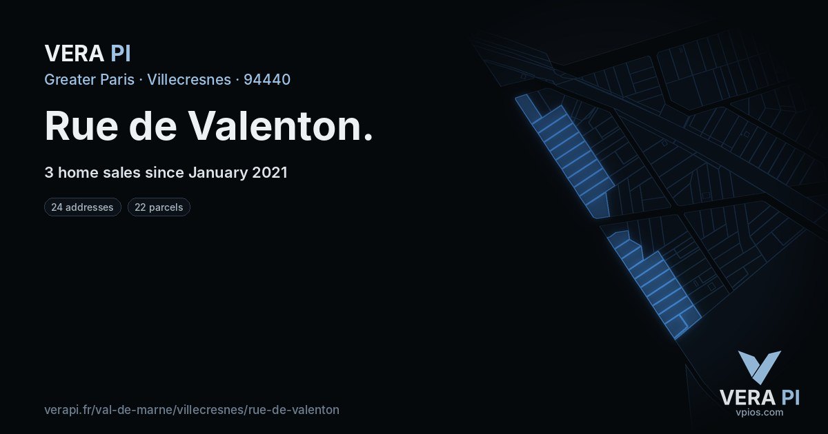 Rue de Valenton, Villecresnes at night – every parcel coloured by the prices around it, the street's own parcels lit