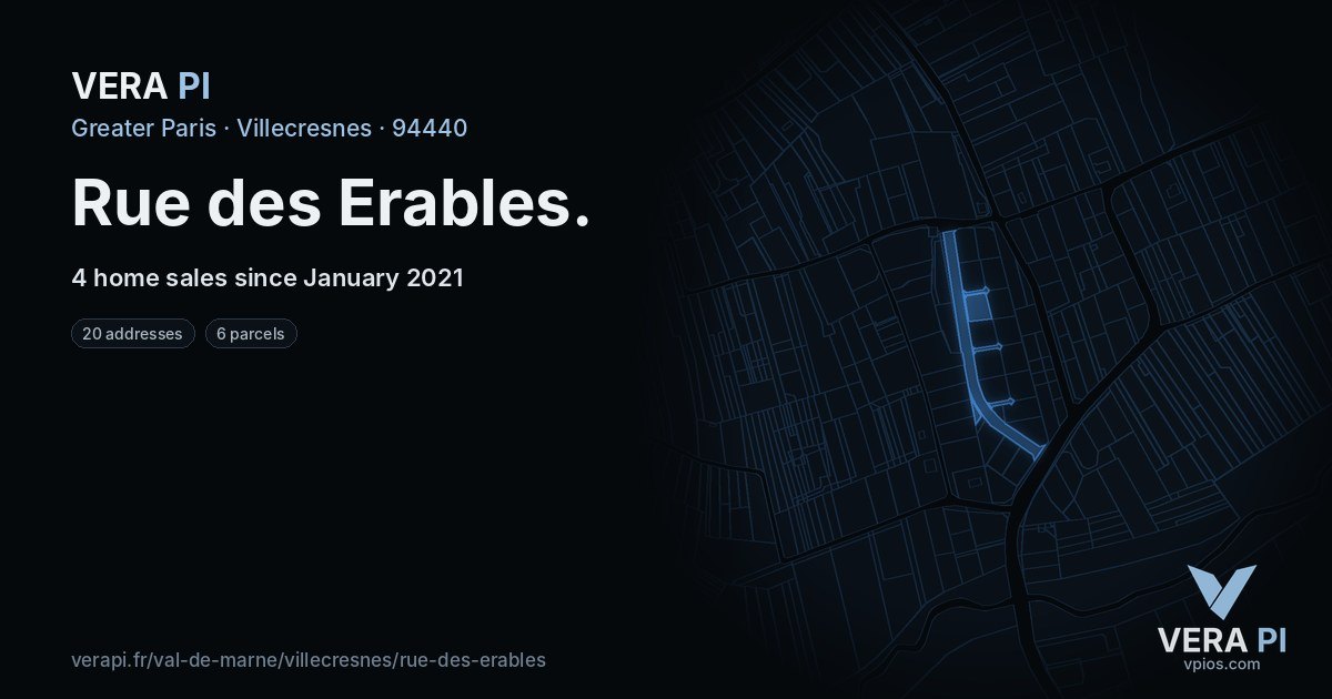 Rue des Erables, Villecresnes at night – every parcel coloured by the prices around it, the street's own parcels lit