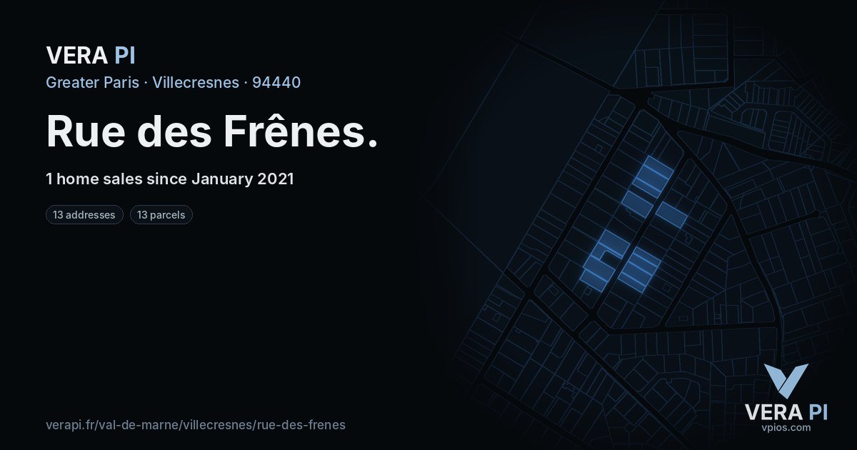 Rue des Frênes, Villecresnes at night – every parcel coloured by the prices around it, the street's own parcels lit