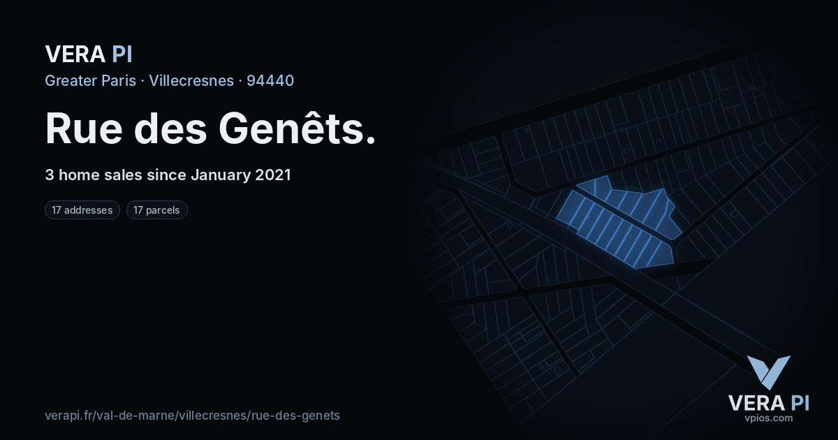 Rue des Genêts, Villecresnes at night – every parcel coloured by the prices around it, the street's own parcels lit
