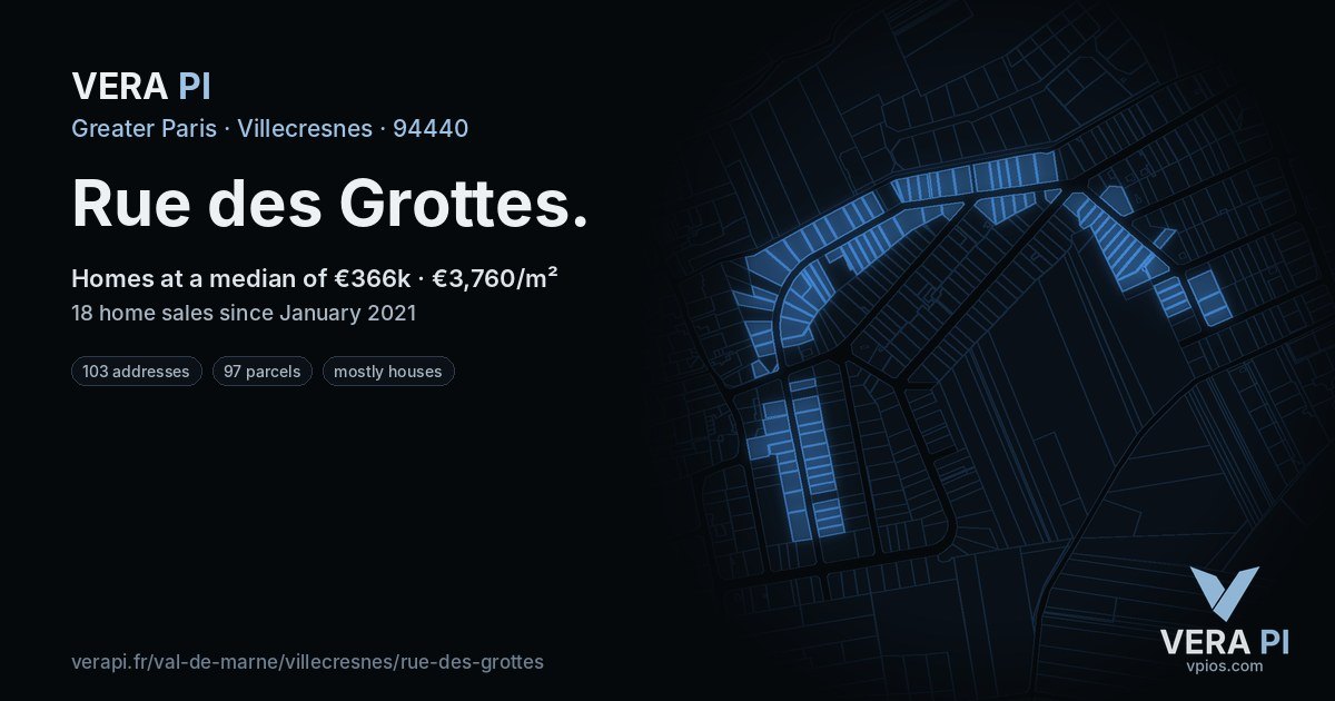 Rue des Grottes, Villecresnes at night – every parcel coloured by the prices around it, the street's own parcels lit