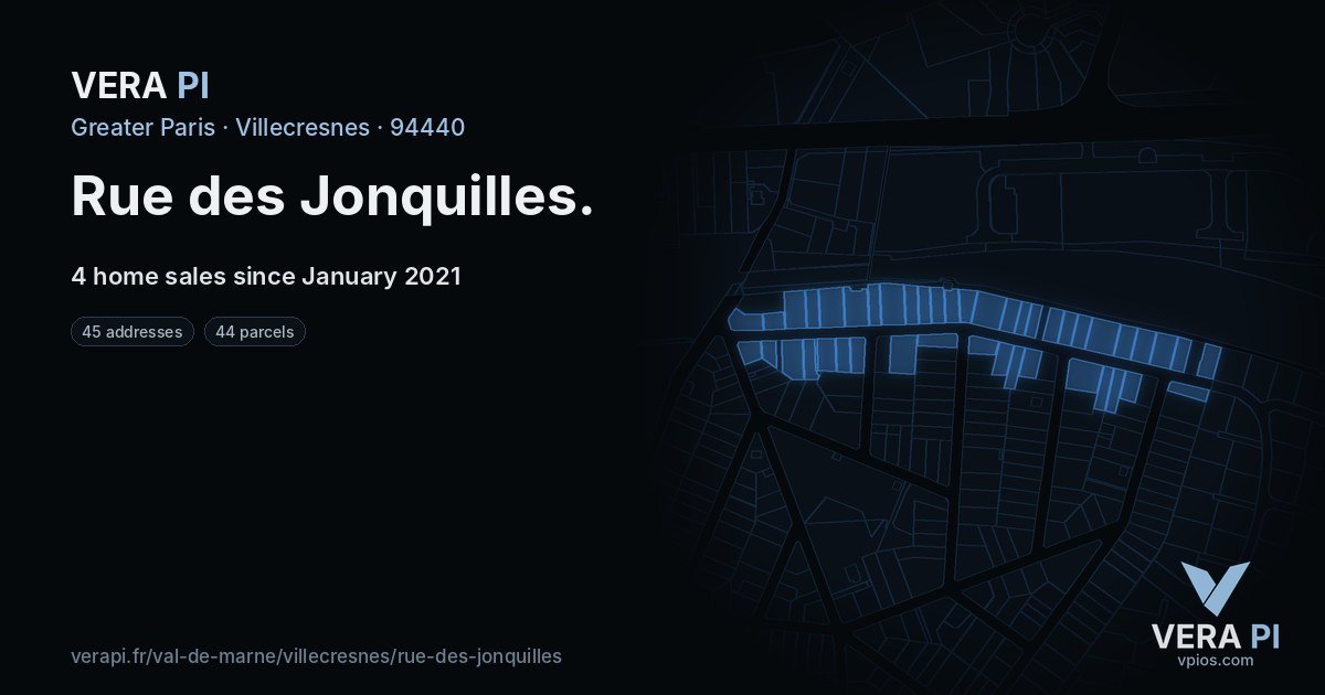 Rue des Jonquilles, Villecresnes at night – every parcel coloured by the prices around it, the street's own parcels lit