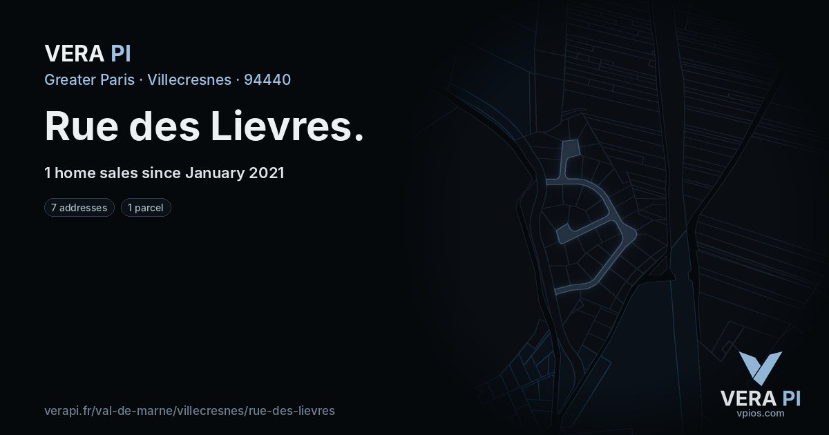 Rue des Lievres, Villecresnes at night – every parcel coloured by the prices around it, the street's own parcels lit
