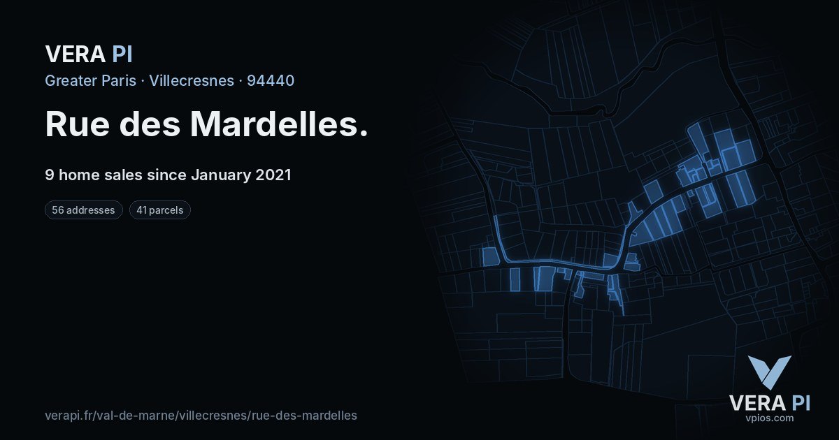 Rue des Mardelles, Villecresnes at night – every parcel coloured by the prices around it, the street's own parcels lit