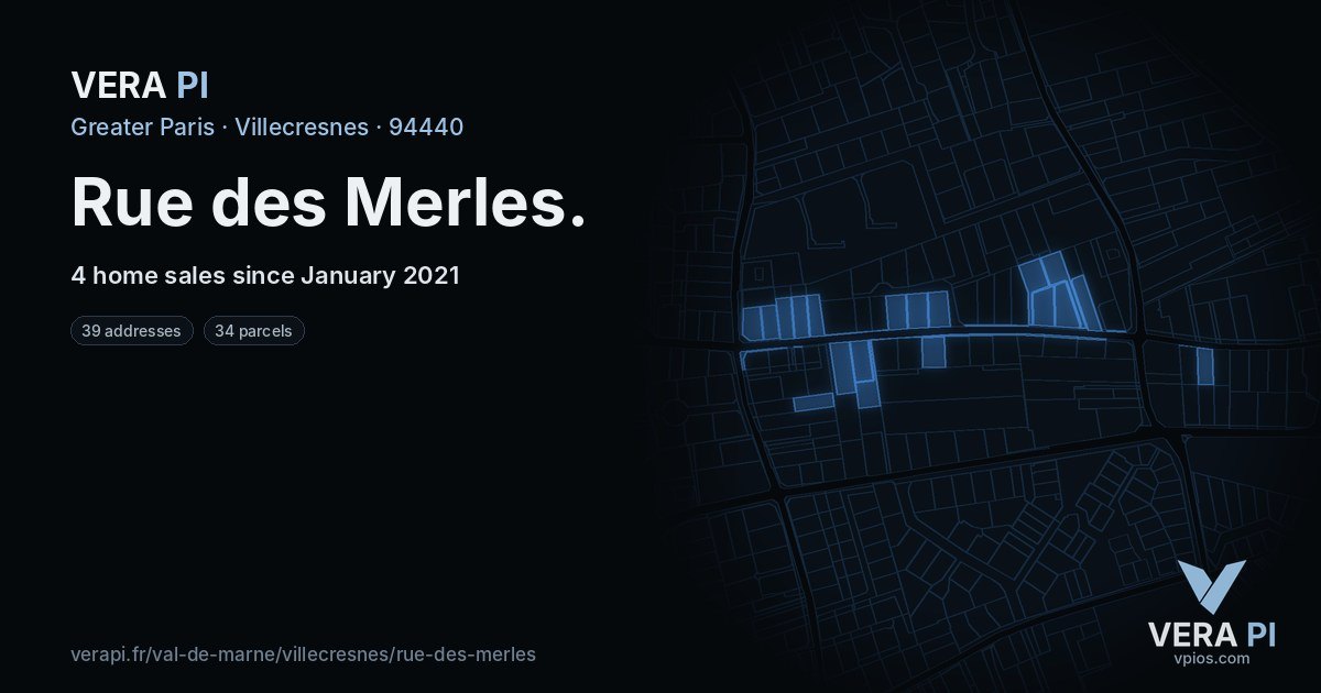 Rue des Merles, Villecresnes at night – every parcel coloured by the prices around it, the street's own parcels lit