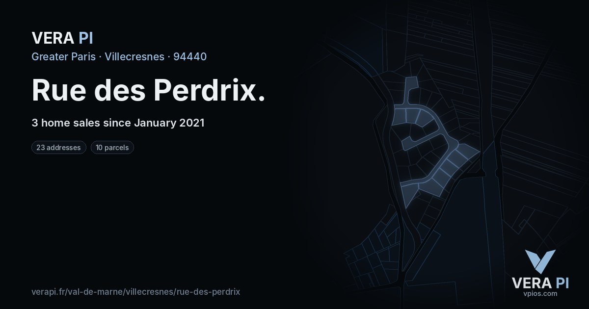 Rue des Perdrix, Villecresnes at night – every parcel coloured by the prices around it, the street's own parcels lit