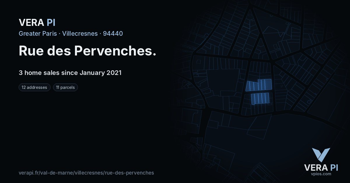 Rue des Pervenches, Villecresnes at night – every parcel coloured by the prices around it, the street's own parcels lit