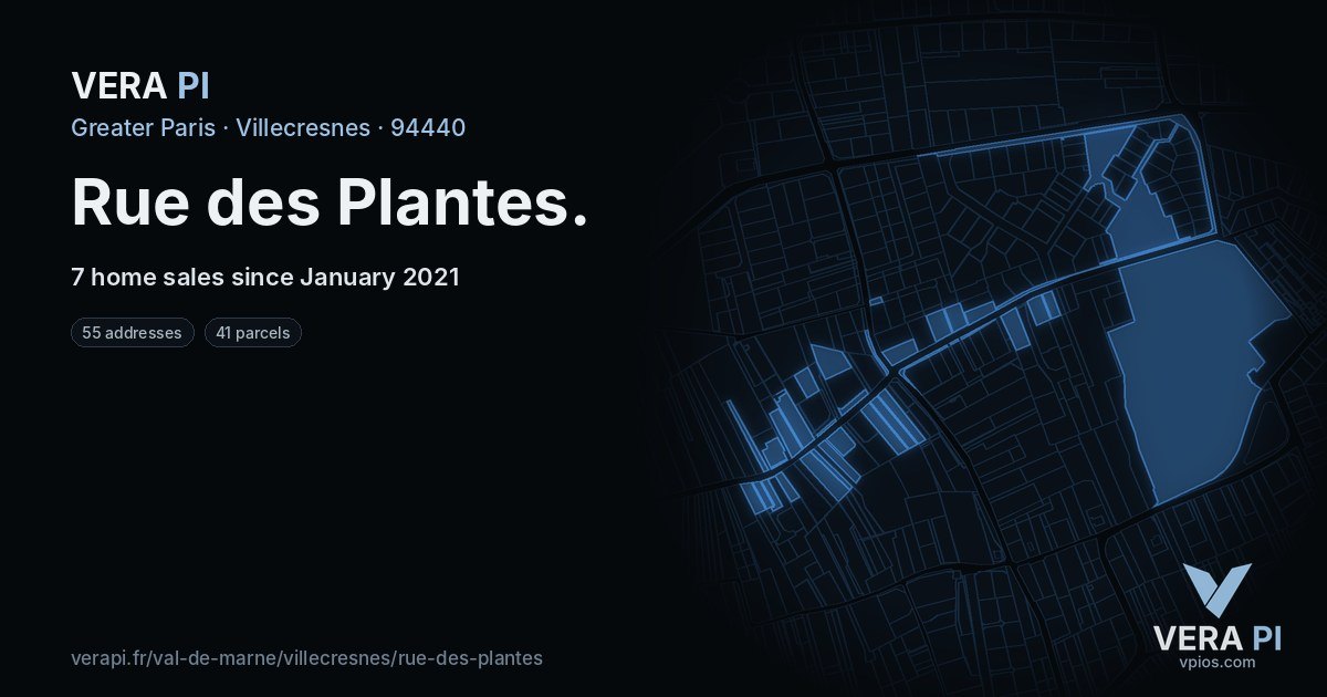 Rue des Plantes, Villecresnes at night – every parcel coloured by the prices around it, the street's own parcels lit