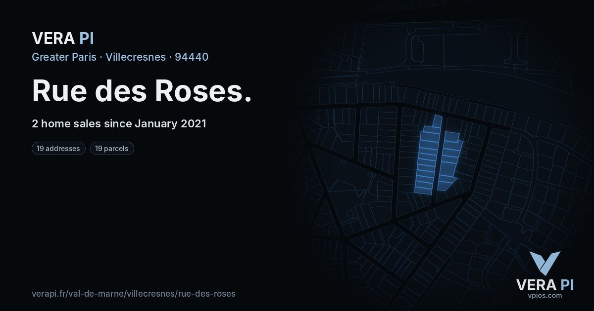 Rue des Roses, Villecresnes at night – every parcel coloured by the prices around it, the street's own parcels lit