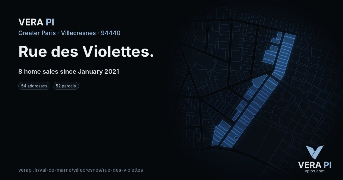 Rue des Violettes, Villecresnes at night – every parcel coloured by the prices around it, the street's own parcels lit