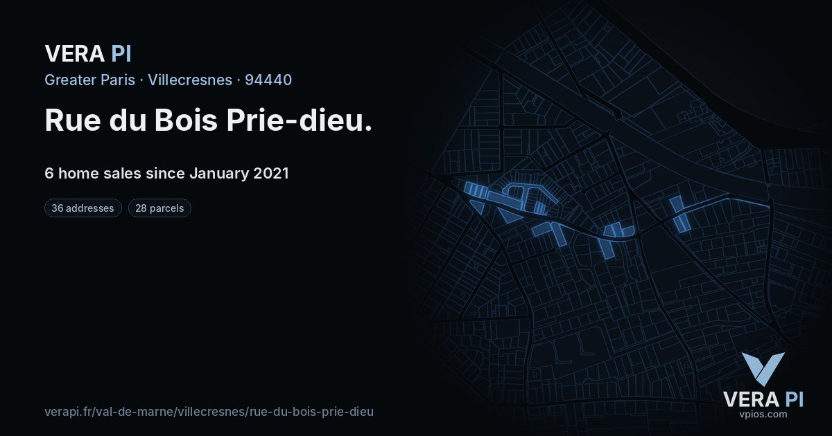 Rue du Bois Prie-dieu, Villecresnes at night – every parcel coloured by the prices around it, the street's own parcels lit