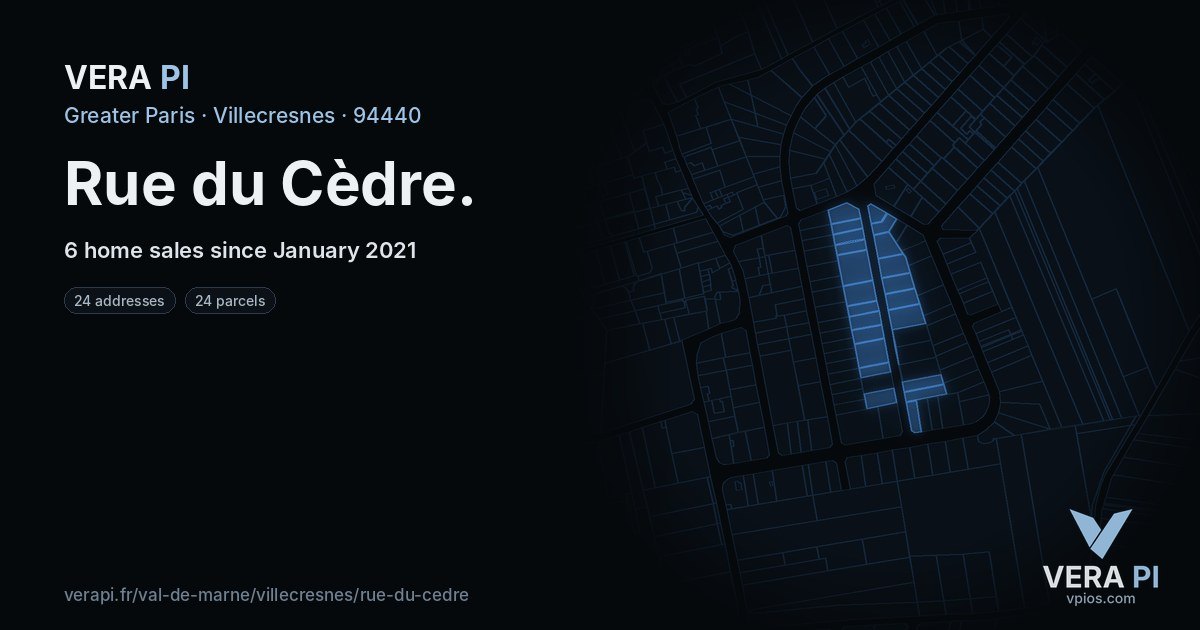 Rue du Cèdre, Villecresnes at night – every parcel coloured by the prices around it, the street's own parcels lit