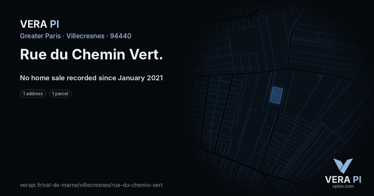 Rue du Chemin Vert, Villecresnes at night – every parcel coloured by the prices around it, the street's own parcels lit