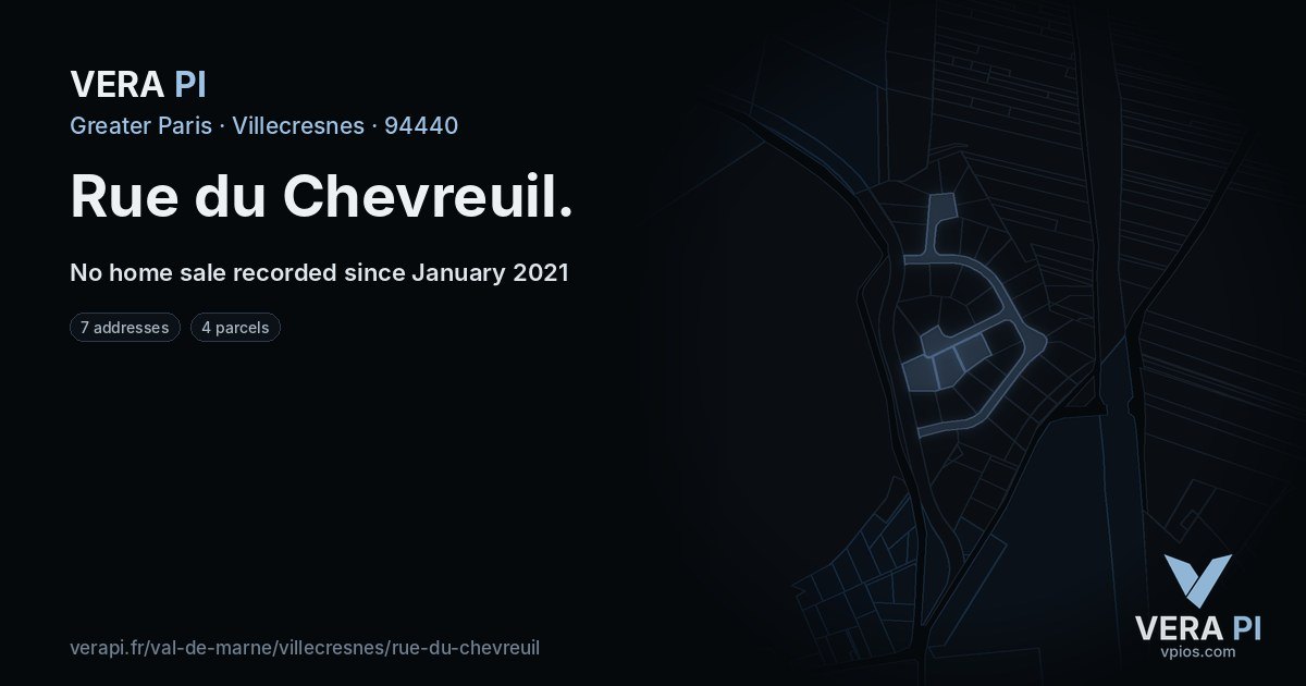 Rue du Chevreuil, Villecresnes at night – every parcel coloured by the prices around it, the street's own parcels lit