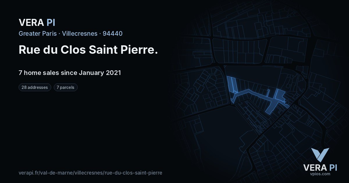 Rue du Clos Saint Pierre, Villecresnes at night – every parcel coloured by the prices around it, the street's own parcels lit