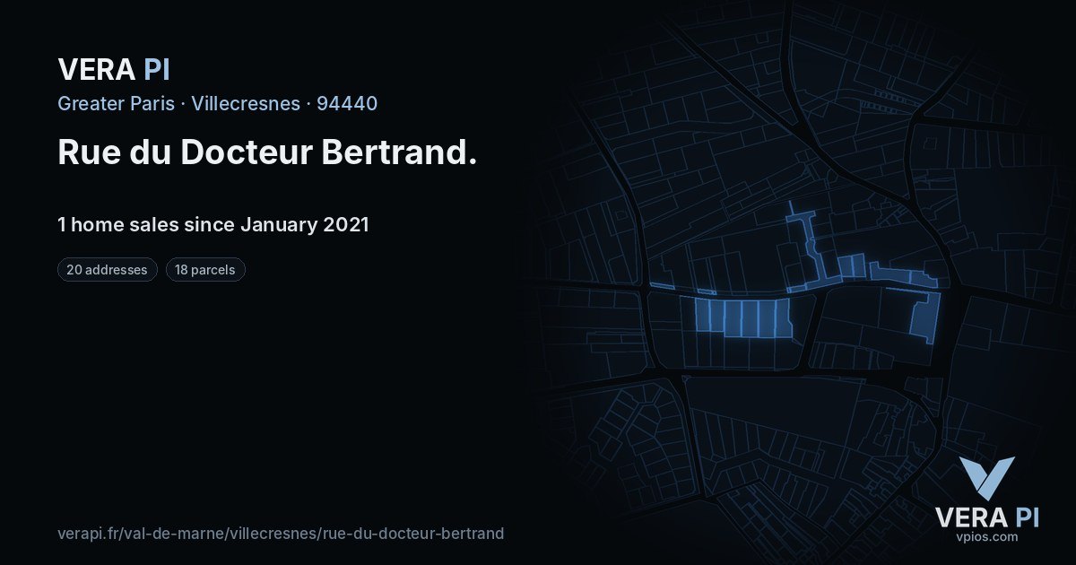 Rue du Docteur Bertrand, Villecresnes at night – every parcel coloured by the prices around it, the street's own parcels lit