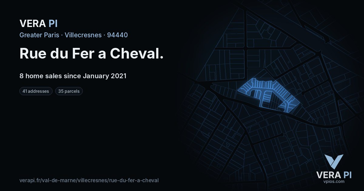 Rue du Fer a Cheval, Villecresnes at night – every parcel coloured by the prices around it, the street's own parcels lit