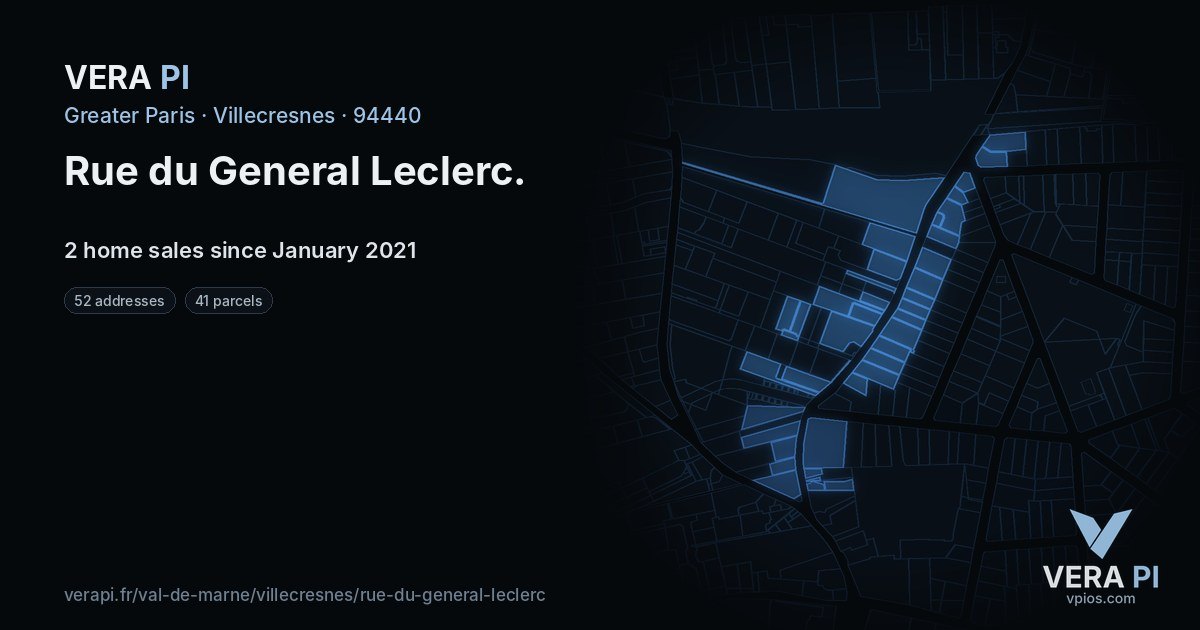 Rue du General Leclerc, Villecresnes at night – every parcel coloured by the prices around it, the street's own parcels lit