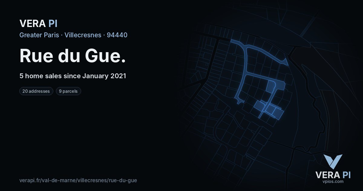 Rue du Gue, Villecresnes at night – every parcel coloured by the prices around it, the street's own parcels lit