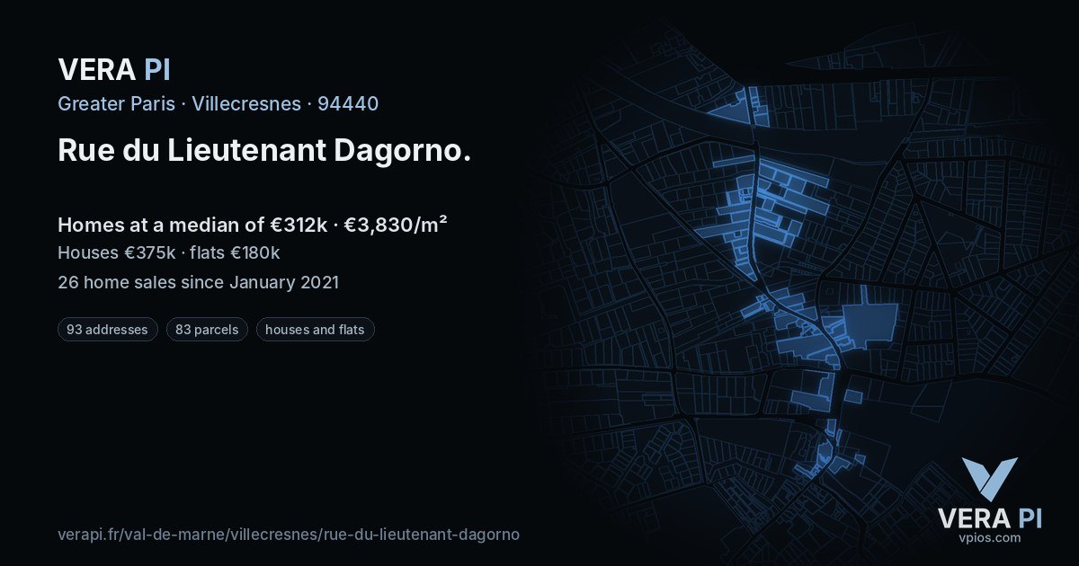 Rue du Lieutenant Dagorno, Villecresnes at night – every parcel coloured by the prices around it, the street's own parcels lit
