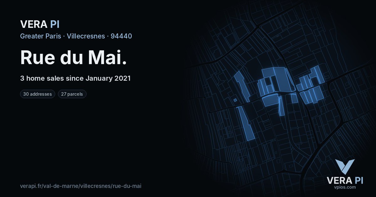 Rue du Mai, Villecresnes at night – every parcel coloured by the prices around it, the street's own parcels lit