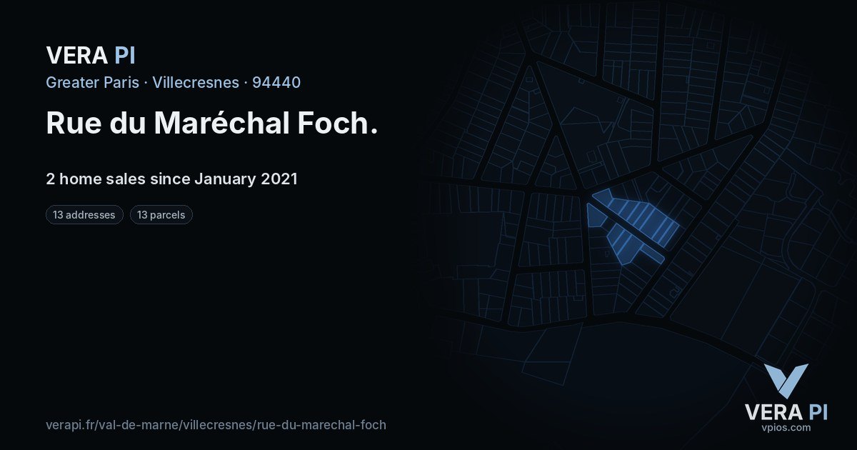 Rue du Maréchal Foch, Villecresnes at night – every parcel coloured by the prices around it, the street's own parcels lit