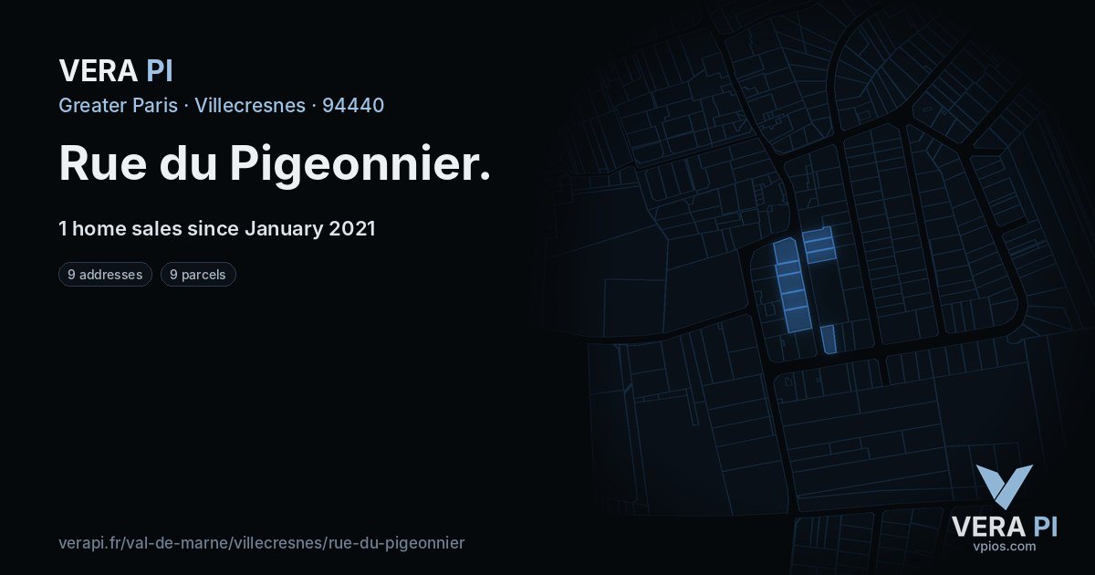 Rue du Pigeonnier, Villecresnes at night – every parcel coloured by the prices around it, the street's own parcels lit