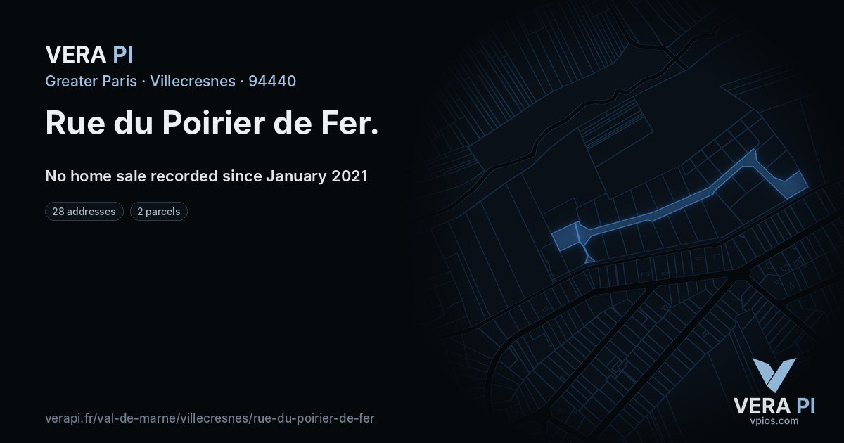 Rue du Poirier de Fer, Villecresnes at night – every parcel coloured by the prices around it, the street's own parcels lit