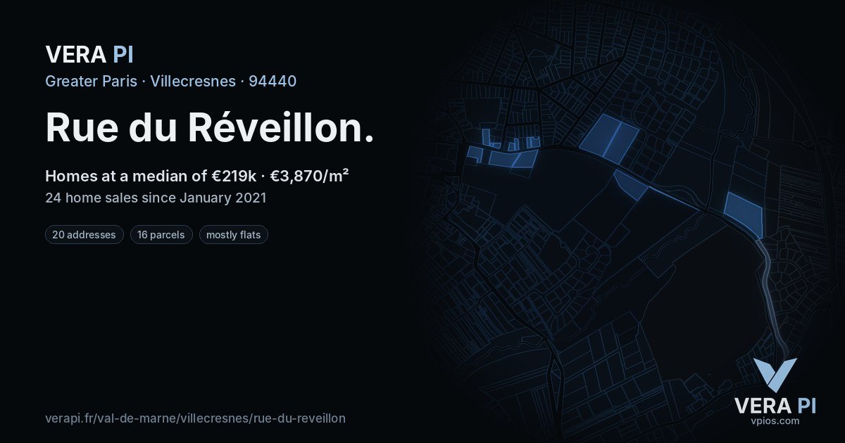 Rue du Réveillon, Villecresnes at night – every parcel coloured by the prices around it, the street's own parcels lit