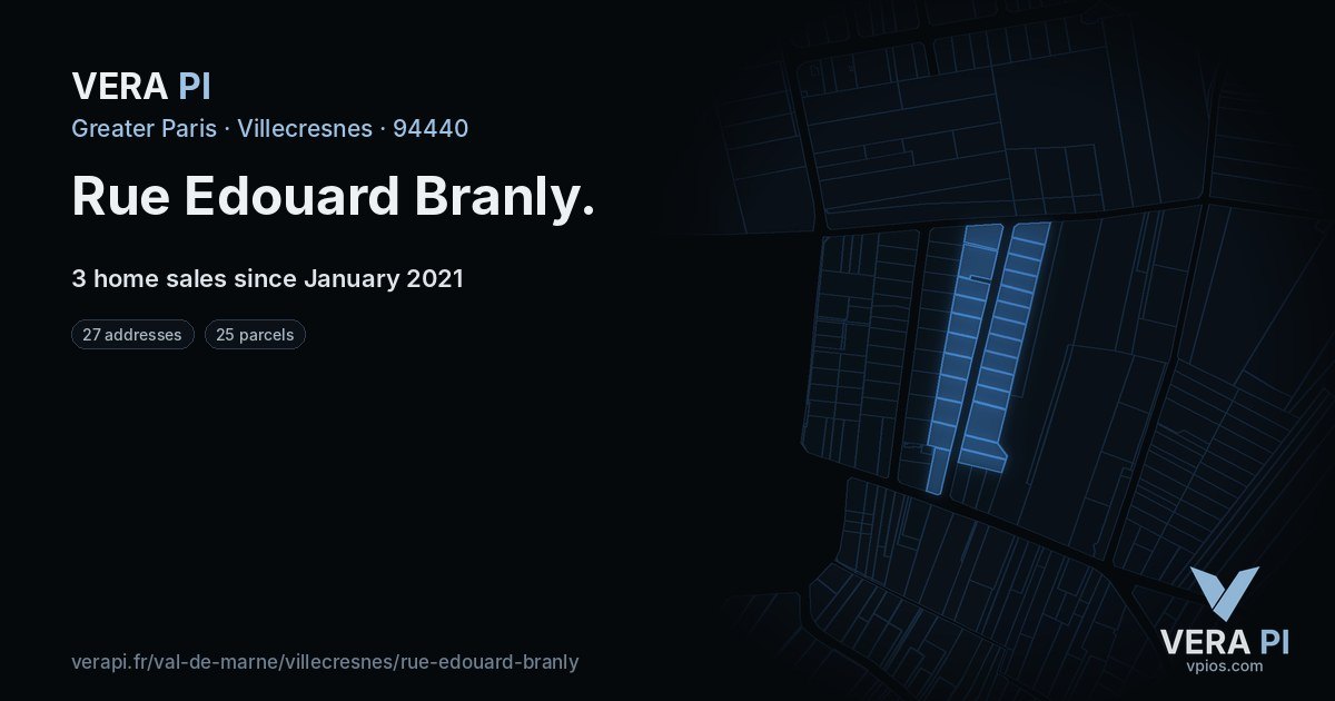Rue Edouard Branly, Villecresnes at night – every parcel coloured by the prices around it, the street's own parcels lit